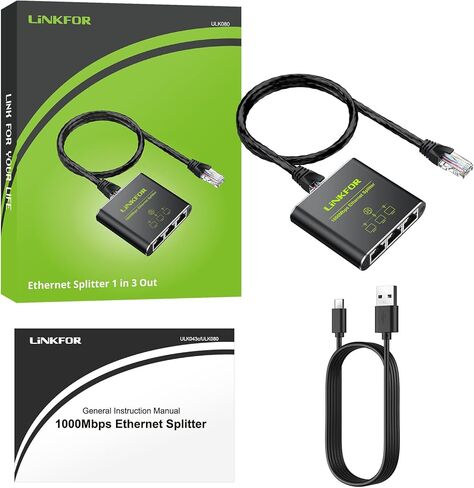 LiNKFOR Ethernet Splitter 1 in 2 Out,1000Mbps High Speed Ethernet Splitter RJ45 Network Extension Connector with USB Type C Cable Gigabit Ethernet Switch Network Sharing for Cat8 Cat7 Cat6 Cat5 Cat5e in Kuwait