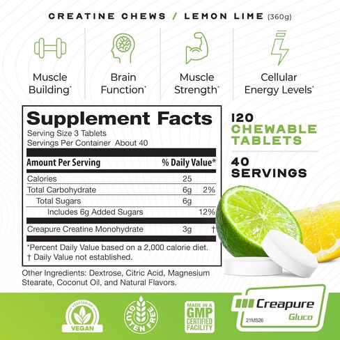 Muscle Feast Vegan Creatine Monohydrate, Gluten-Free Creapure Chews, Lemon Lime, 120 Tabs in Saudi Arabia