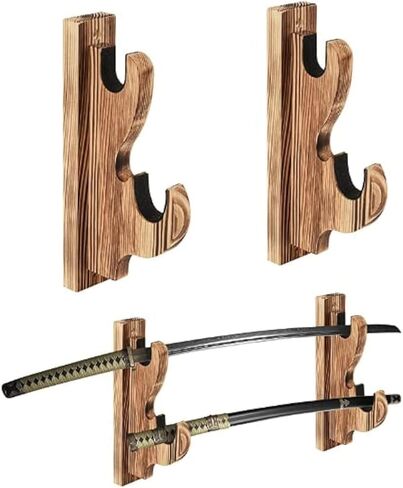 Sword Wall Mount,1-Pair Upscale Hook Sword Stand,Sword Hook,Solid Wood Two-Layer Wall Mounted Samurai Sword Hanger Display Holder,for Katana Wakizashi Tanto Sword Weapon Rack (Black) in Kuwait