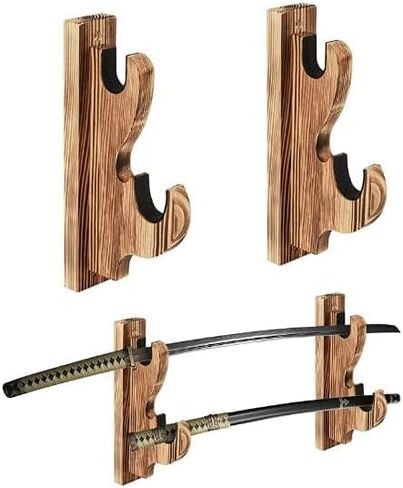 Sword Wall Mount,1-Pair Upscale Hook Sword Stand,Sword Hook,Solid Wood Two-Layer Wall Mounted Samurai Sword Hanger Display Holder,for Katana Wakizashi Tanto Sword Weapon Rack (Black) in Kuwait