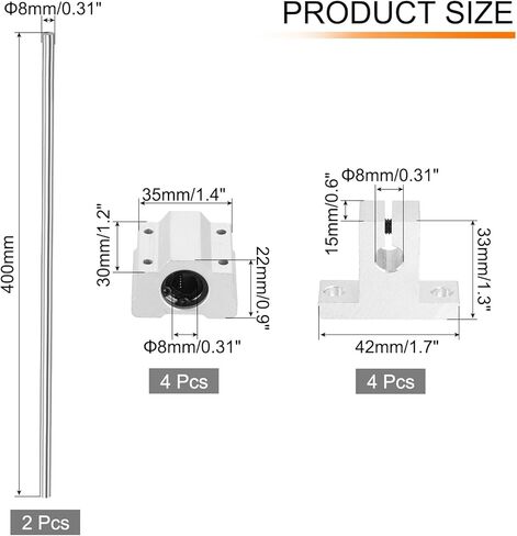 uxcell 2 قطعة 8 مم × 150 مم دليل منزلق عمود الحركة الخطية مع 4 قطع محامل SCS8UU و4 قطع SK8 دعم السكك الحديدية مجموعة دليل عمود الحركة الخطية للطابعة ثلاثية الأبعاد لآلة CNC، فضي in Kuwait