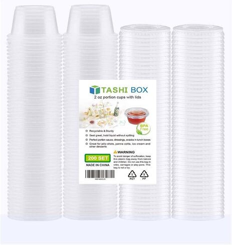 TashiBox Plastic Portion Cups with Lids [2 Ounce, 200 Sets] Disposable Plastic Cups for Meal Prep, Salad Dressing, Jellos Shot Cups, Souffle Cups, Condiment & Dipping Sauce Cups in Kuwait