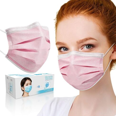 100 Pcs Disposable Face Cover 3-Ply Filter Non Medical Breathable Earloop Face Masks (Pink) in Saudi Arabia
