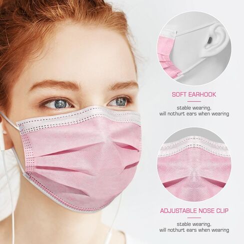 100 Pcs Disposable Face Cover 3-Ply Filter Non Medical Breathable Earloop Face Masks (Pink) in Saudi Arabia