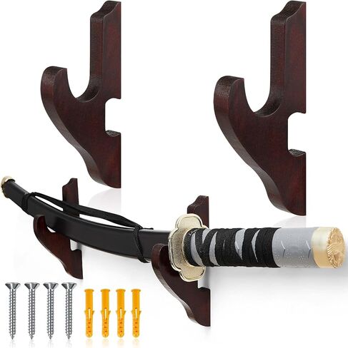 Chunful 2 Pcs Sword Wall Mount Sword Holder Katana Stand 1 Tier Katana Wall Mount Adjustable Sword Display Wooden Sword Mounts for Wall Sword Hanger for Samurai (Brown) in Kuwait