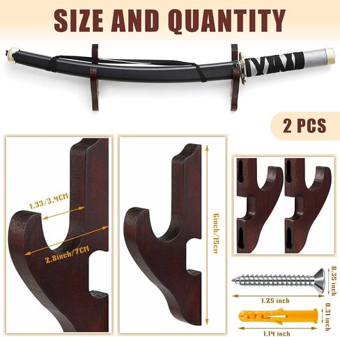Chunful 2 Pcs Sword Wall Mount Sword Holder Katana Stand 1 Tier Katana Wall Mount Adjustable Sword Display Wooden Sword Mounts for Wall Sword Hanger for Samurai (Brown) in Kuwait
