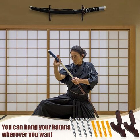 Chunful 2 Pcs Sword Wall Mount Sword Holder Katana Stand 1 Tier Katana Wall Mount Adjustable Sword Display Wooden Sword Mounts for Wall Sword Hanger for Samurai (Brown) in Kuwait
