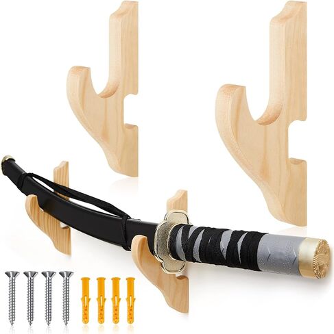Chunful 2 Pcs Sword Wall Mount Sword Holder Katana Stand 1 Tier Katana Wall Mount Adjustable Sword Display Wooden Sword Mounts for Wall Sword Hanger for Samurai (Brown) in Kuwait