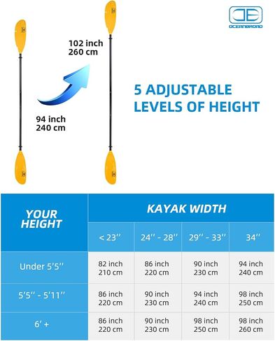 OCEANBROAD Adjustable Fishing Kayak Paddle - 94in/240cm-98in/250cm-102in/260cm Aluminum Alloy Shaft with Paddle Leash in Kuwait