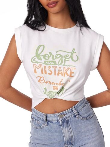 CIDER Round Neckline Graphic Knotted Crop Top in Kuwait