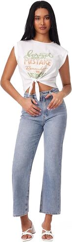 CIDER Round Neckline Graphic Knotted Crop Top in Kuwait