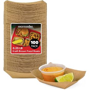 Stock Your Home [250 Pack] Mini Disposable Brown Kraft Paper Food Trays, 0.25-Lb Concession Tray, Serving Boats for Party Snacks, Taco Bar, Seafood, Nachos Plates, Quarter-Pound