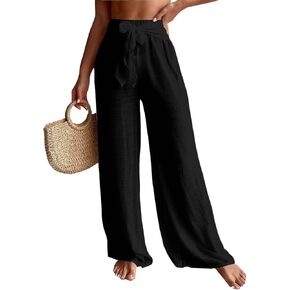 RoseSeek Women's Cover Up Beach Pants Tie Front Mesh Wide Leg Loose Bathing Suit Beach Cover Up Pants in Kuwait