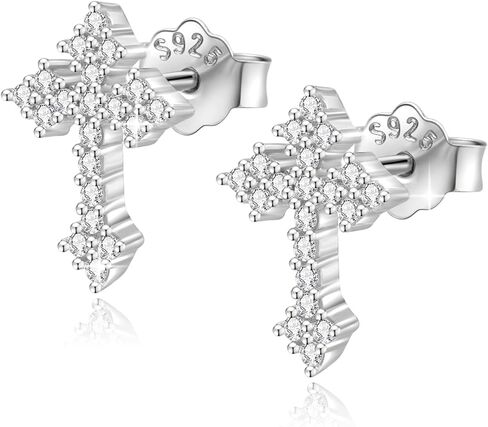 18K White Gold Plated Sterling Silver Cross Stud Earrings for Women Men, CZ Cross Stud Hypoallergenic Jewelry Gift in Saudi Arabia