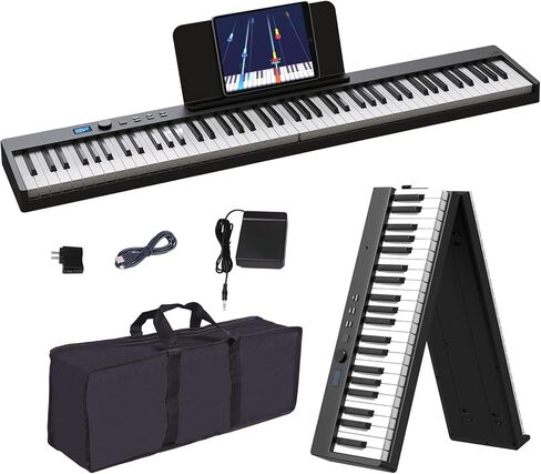 لوحة مفاتيح بيانو قابلة للطي من KONIX، 88 مفتاحًا بالحجم الكامل شبه المرجحة وقابلة للطي، بيانو كهربائي محمول بلوتوث مع حامل ورقة موسيقية، دواسة مستدامة وحقيبة بيانو، أبيض in Kuwait
