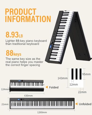 لوحة مفاتيح بيانو قابلة للطي من KONIX، 88 مفتاحًا بالحجم الكامل شبه المرجحة وقابلة للطي، بيانو كهربائي محمول بلوتوث مع حامل ورقة موسيقية، دواسة مستدامة وحقيبة بيانو، أبيض in Kuwait