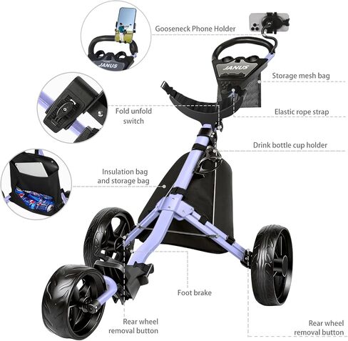 JANUS Golf Cart, Golf Bag cart, Foldable Golf Push cart,Golf Pull cart,3 Wheel Golf Push carts，with Gooseneck Phone Holder in Kuwait