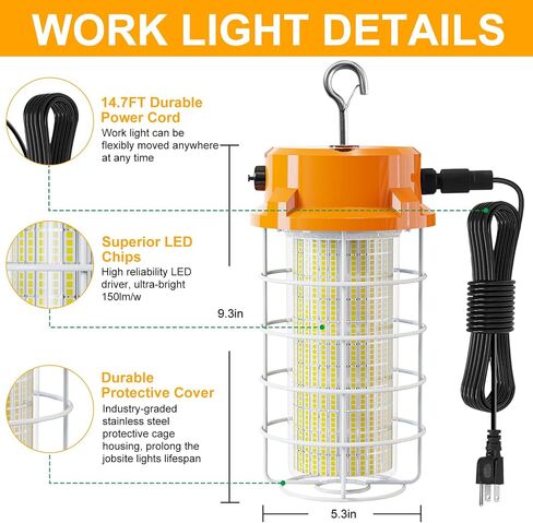 80W LED ضوء العمل المؤقت 12000Lm 5000K أضواء البناء LED ضوء العمل IP67 الغبار مقاوم للماء أضواء محمولة مع خطاف حماية من الفولاذ المقاوم للصدأ لمين رصيف موقع العمل المرآب مصنع الإضاءة in Kuwait