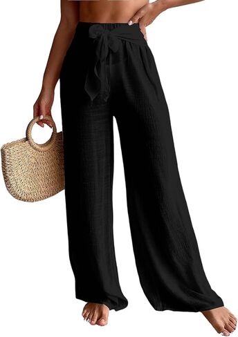 RoseSeek Women's Cover Up Beach Pants Tie Front Mesh Wide Leg Loose Bathing Suit Beach Cover Up Pants in Kuwait