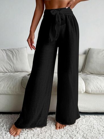 RoseSeek Women's Cover Up Beach Pants Tie Front Mesh Wide Leg Loose Bathing Suit Beach Cover Up Pants in Kuwait