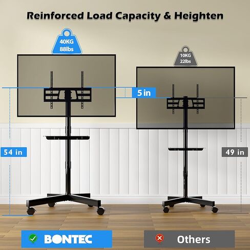 BONTEC Mobile TV Stand with Tilt, Rolling TV Cart with Media Shelf and Wheels, Fits 23-60 inch LED, LCD, OLED Flat&Curved TVs, Holds Up to 55lbs, Max VESA 400x400mm in Kuwait