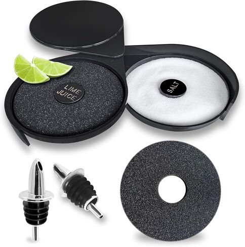 Esatto Glass Salt Rimmer 3 Tier for Margarita Tray and Cocktail, Black with 2 Extra Sponge’s + 3 Pourers – Apply Salt, Sugar, and Lime Juice for Better Drinks and Efficient Drink Preparation in Kuwait