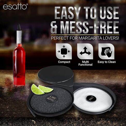 Esatto Glass Salt Rimmer 3 Tier for Margarita Tray and Cocktail, Black with 2 Extra Sponge’s + 3 Pourers – Apply Salt, Sugar, and Lime Juice for Better Drinks and Efficient Drink Preparation in Kuwait