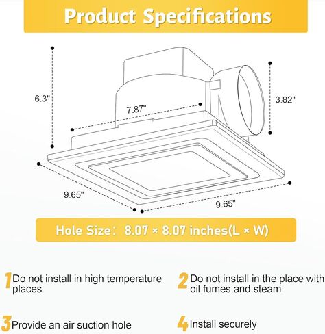 مروحة عادم الحمام مع الضوء، مروحة تهوية غرفة النوم 8 بوصة، 110 CFM 1.0 Sones مروحة عادم هادئة، حامل سقف مروحة تهوية العادم المربعة in Saudi Arabia