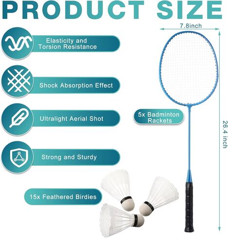 Woanger 10 Packs Badminton Rackets Set with 15 Badminton Shuttlecocks Birdies Badminton Racquets for Adult and Lightweight Teenagers Badminton Set for Backyard Gym Beach Outdoor Games in Kuwait