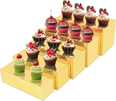 Acrylic Food Display Risers, Gold Risers Boxes 3Pcs Rectangular Buffet Risers Display Stand Shelf for Catering Dessert Buffet Table, Parties, Weddings, Collectibles Shoes Display (3Pcs) in Saudi Arabia