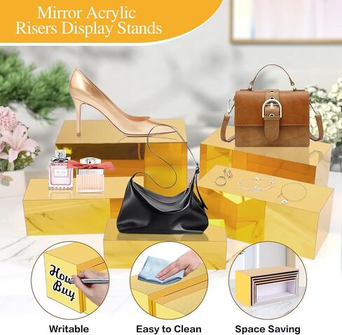 Acrylic Food Display Risers, Gold Risers Boxes 3Pcs Rectangular Buffet Risers Display Stand Shelf for Catering Dessert Buffet Table, Parties, Weddings, Collectibles Shoes Display (3Pcs) in Saudi Arabia