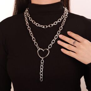 Chargances Bohemia Layered Heart Pendant Necklace Gold Chunky Cuban Link Chain Long Choker Fashion Y Necklace Jewerly for Women and Girls