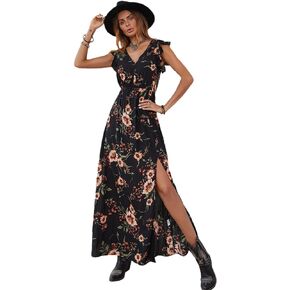 Floerns Women's Boho Ruffle Trim Short Sleeve V Neck Split Thigh Maxi Dress