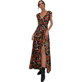 Floerns Women's Boho Ruffle Trim Short Sleeve V Neck Split Thigh Maxi Dress in Kuwait