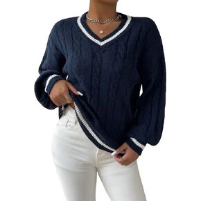 SweatyRocks Women's Striped Cable Knit Drop Shoulder Loose Sweater V Neck Long Sleeve Pullover Top