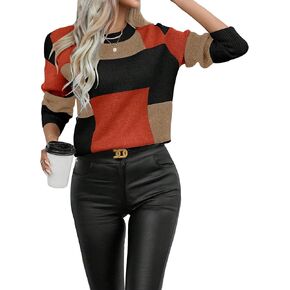COZYEASE Women's Long Sleeve Drop Shoulder Sweaters Casual Color Block Knit Pullovers Crewneck Fall Outfits