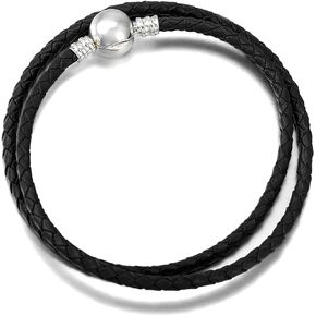 3mm Bule Braided Leather Bracelet Round Barrel Snap Clasp Woven Bracelet for Pandora European Charm Bead DIY Jewelry 6.3"-8.27" Available