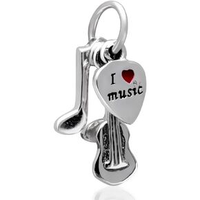 PAIYUAN I Love Music Guitar Charms Original 925 Sterling Silver Beads with Red Enamel Heart for Pandora Bracelet