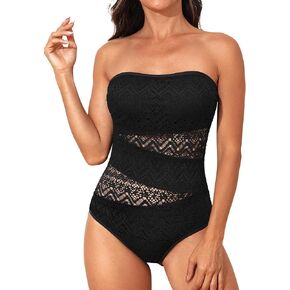 Tempt Me Women Strapless One Piece Swimsuit Bandeau Sexy Mesh Bathing Suits Lace Hollow Out Swimwear