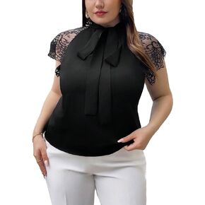 SweatyRocks Women's Plus Size Floral Lace Short Sleeve Shirts Bow Tie Front Mock Neck Blouses Top