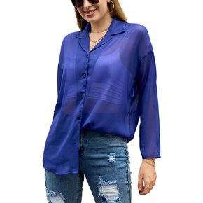 YYA Women's Button Front Long Sleeve Mesh Shirt See Through Sheer Drop-Shoulder V Neck Blouse Tops, S-XL