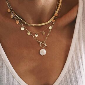 Xerling Snake Necklace for Women Toggle Pendant Necklace Gothic Disc Sequin Necklace Multilayered Link Chain Paperclip Necklace Punk Chain Choker for Teens Girls