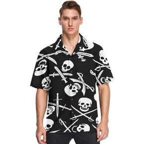 visesunny Pirate Skull with Crossed Swords Hawaiian Shirt Men Button Down Casual Shortsleeve Unisex Beach Aloha Shirts