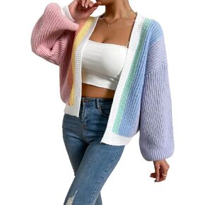 SweatyRocks Women's Color Block Long Sleeve Open Front Cardigan Sweater Casual Drop Shoulder Outwear