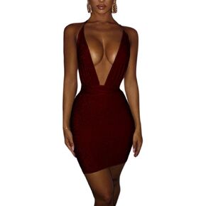 Women Sexy Deep V Neck Dress Backless Shiny Night Dress Bodycon Mini Glitter Club Dress