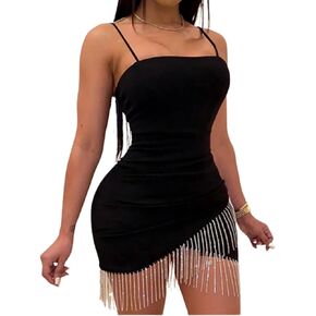 LovelyWholesale المرأة مثير شرابة تقليم Bodycon اللباس غير المتكافئة تنحنح سبليت حزب فساتين البسيطة in Kuwait