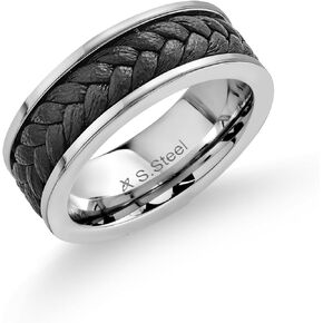Gem Stone King Men's Shiny Solid Stainless Steel Braided Black Leather Classic Wedding Band Ring (8MM Width, Available in Size 9, 10, 11, 12)