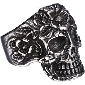 Rofusn Mens Vintage Flower Skull Rings Band, Stainless Steel Gothic Cocktail Party Statement Ring
