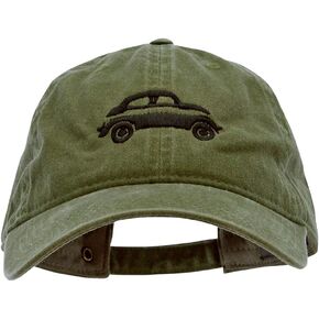 Classic Car Bug Embroidered Washed Solid Pigment Dyed Cotton Twill Brass Buckle Cap