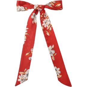 Elerevyo Women Floral Satin Scarves, Square Silky Neck Scarf Neckerchief, Skinny Long Ribbon Hair Band
